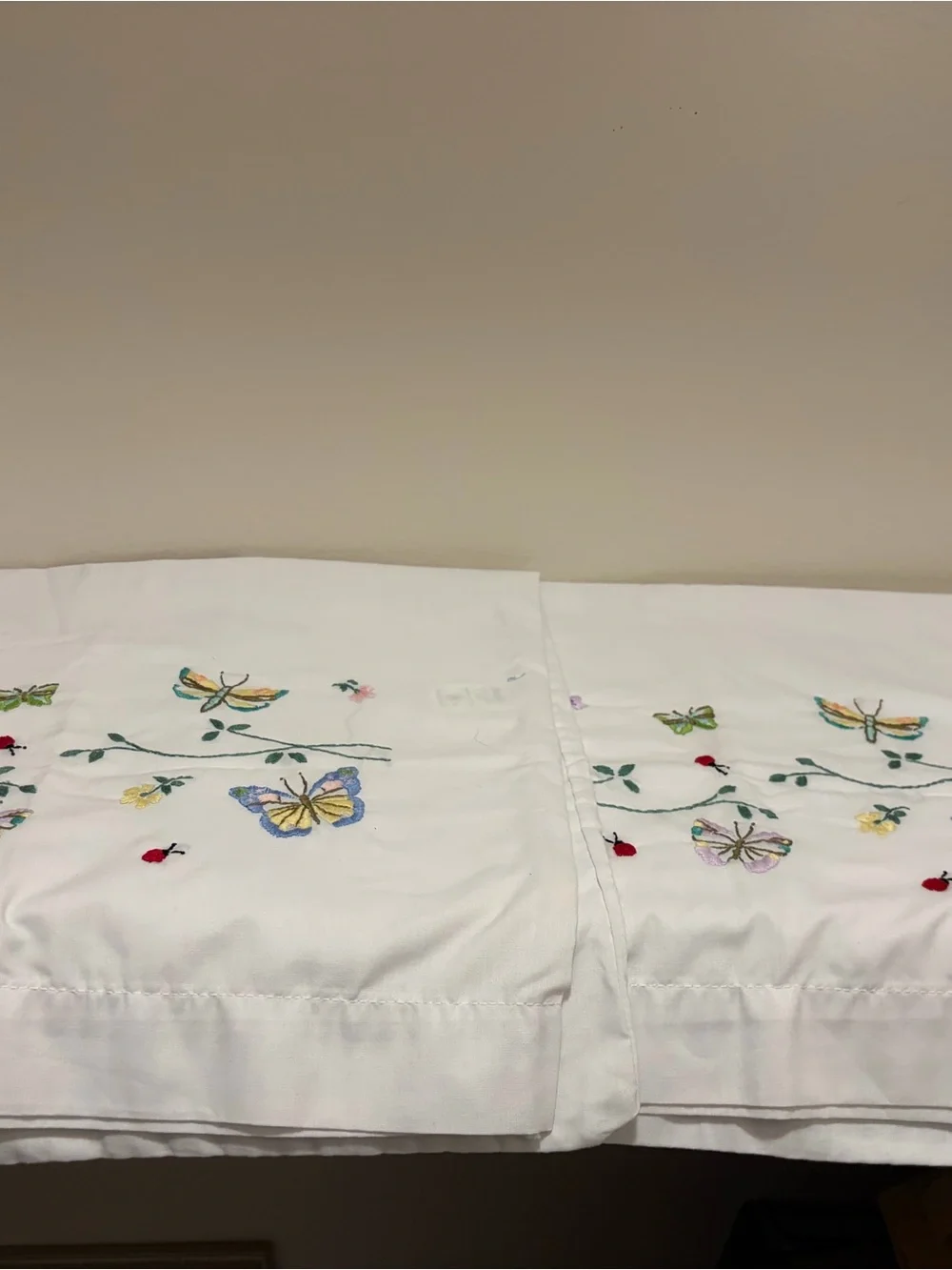 Vintage Embroidered White Standard Pillowcases Butterflies In Flight by Bucilla